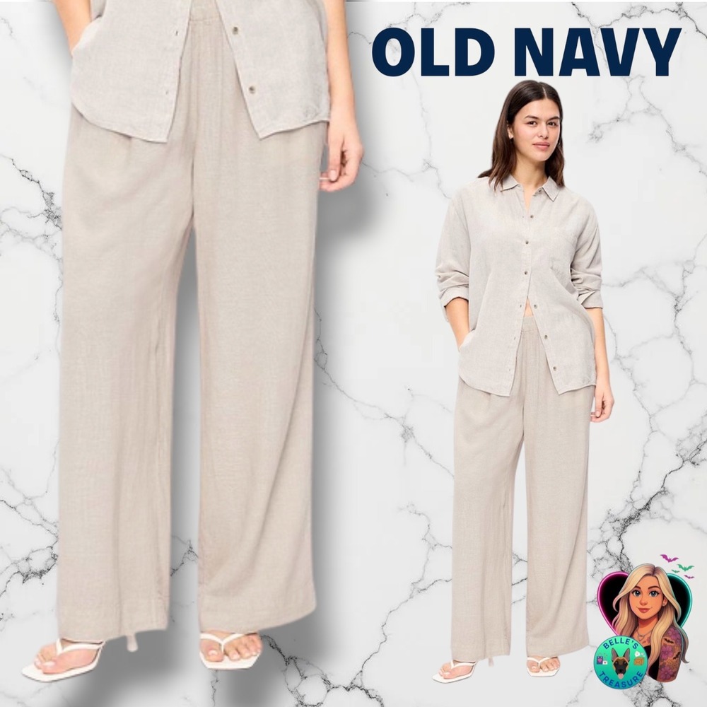Old Navy Womens XL High Rise Wide Leg Linen Blend Pants Oatmeal Beige Elastic